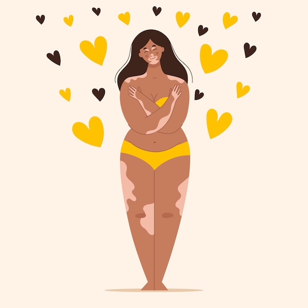 Hermosa joven morena con vitíligo en traje de baño amarillo. Características de la piel, melanina. Amor por tu cuerpo, positividad corporal. Ilustración de vector