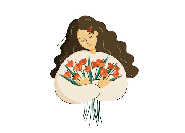 Hermosa joven con ramo de flores de primavera