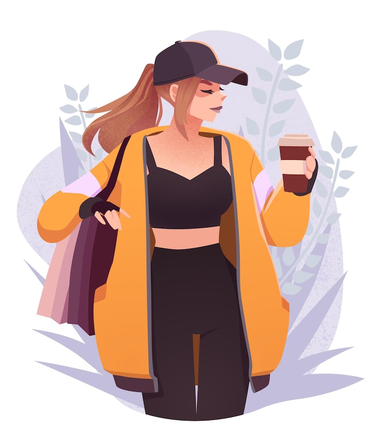 Vector hermosa joven en ropa de moda con bolsas de la compra y una taza de café mujer elegante
