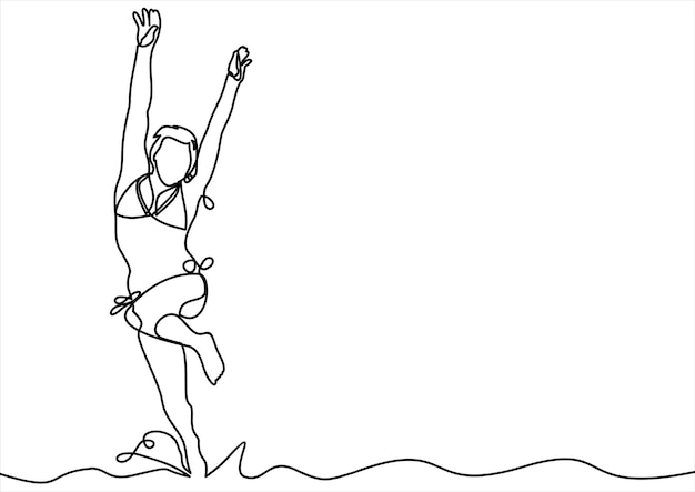 Hermosa joven saltando sobre el dibujo de línea continua del mar