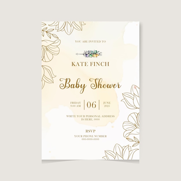 hermosa línea de arte dibujada a mano invitación a la ducha de bebé en estilo acuarela