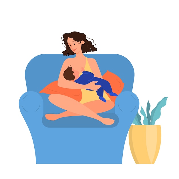 Hermosa madre amamantando a su hijo. Ilustración de feliz infancia y amor familiar. La mujer se sienta en el sillón abrazando a su bebé y lo amamanta.