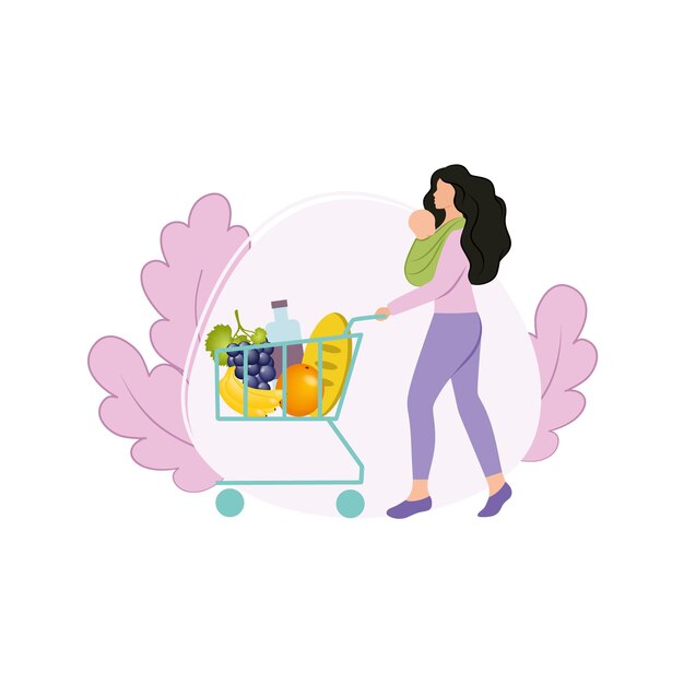 Una hermosa madre con un bebé recién nacido en un cabestrillo en sus brazos fue a la tienda a comprar con una canasta de productos. Comprar en una tienda de comestibles. Fruta y comida. Ilustraciones planas vectoriales.