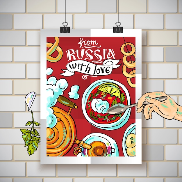 Vector hermosa mano dibujada comida ilustración cocina rusa vista superior