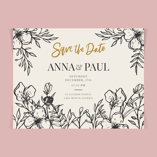 Hermosa mano dibujada plantilla de tarjeta de invitación de boda floral