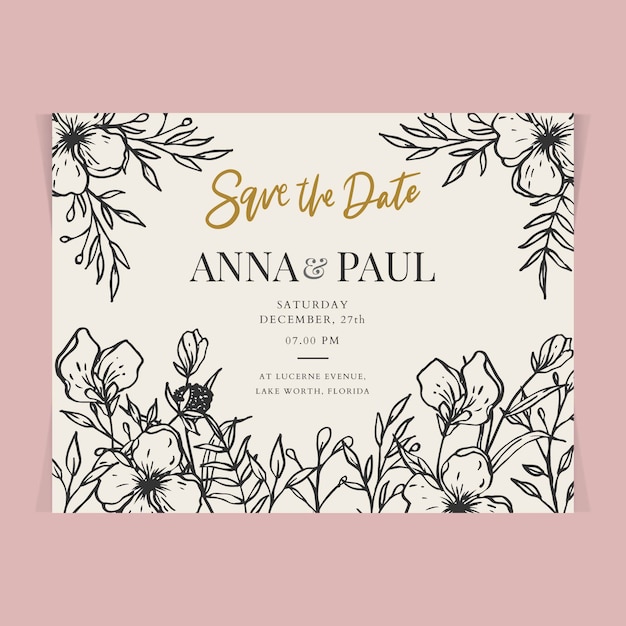 Vector hermosa mano dibujada plantilla de tarjeta de invitación de boda floral