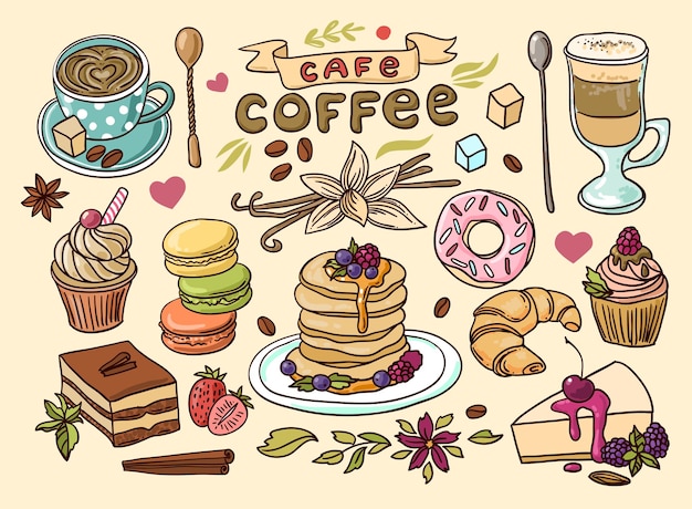 Vector hermosa mano dibujada vector ilustración café y dulces estilo doodle