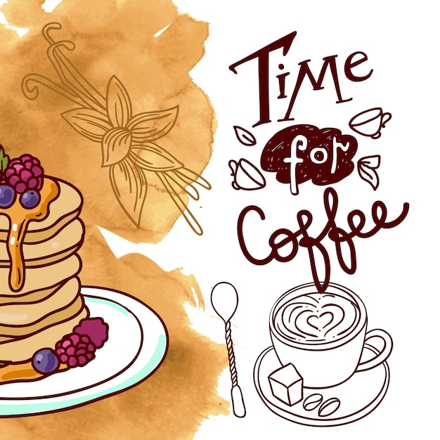 Hermosa mano dibujada vector ilustración café y dulces estilo Doodle