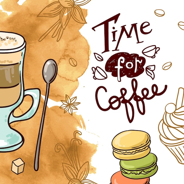 Hermosa mano dibujada vector ilustración café y dulces