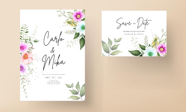 Vector hermosa mano dibujo acuarela floral plantilla de tarjeta de invitación de boda