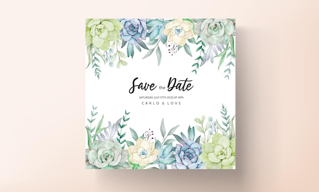 Hermosa mano dibujo acuarela suculenta planta y flor plantilla de invitación de boda