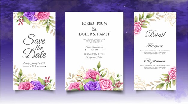 Hermosa mano dibujo plantilla de diseño floral de invitación de boda