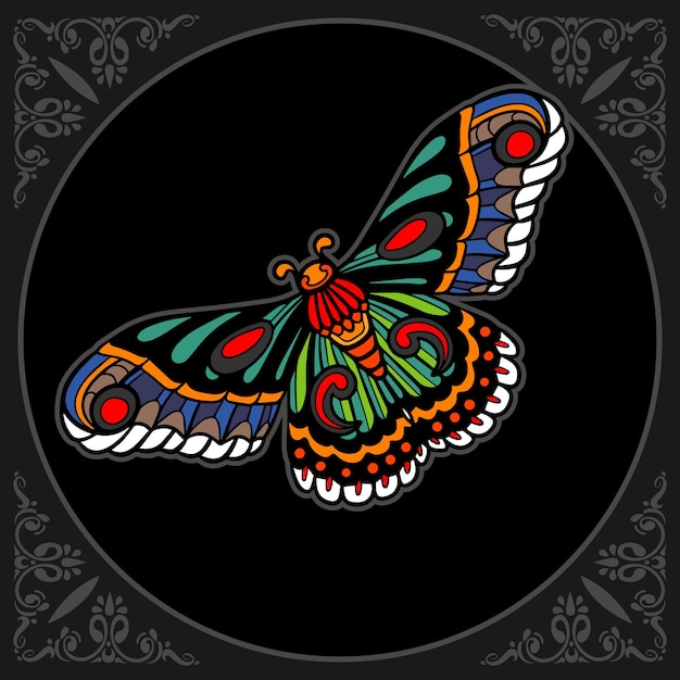 Hermosa mariposa artes zentangle aislado sobre fondo negro