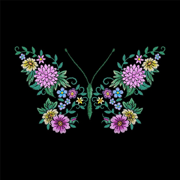 Vector hermosa mariposa floral bonitas flores de jardinería bordado de camisa diseño de impresión de ropa ramo de flores silvestres de moda hoy en día concepto de vector de metamorfosis