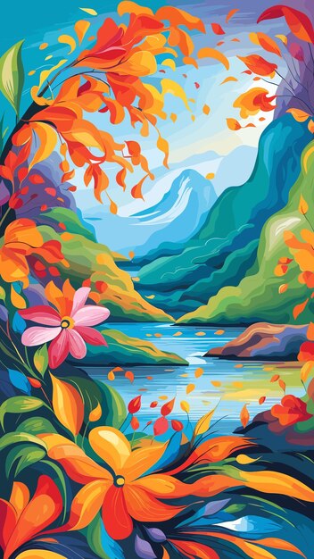 Hermosa montaña con río que fluye paisaje pintura al óleo obra de arte vector