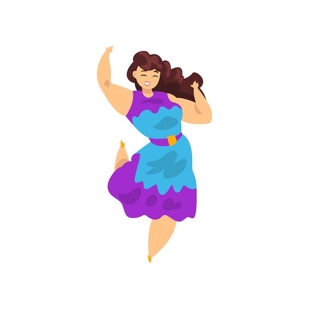 Hermosa morena con curvas sobrepeso vestida con un vestido brillante de talla grande y cuerpo de moda vector positivo