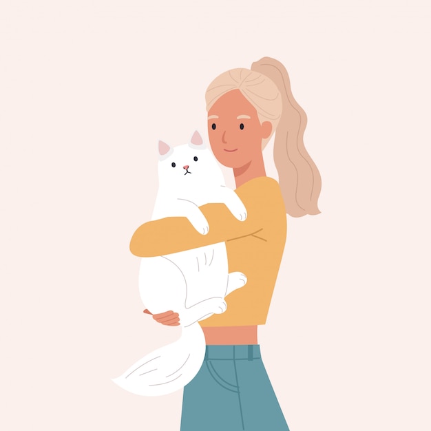 Vector hermosa mujer abrazando a su gato blanco. retrato del dueño de una mascota feliz. ilustración de vector en un estilo plano