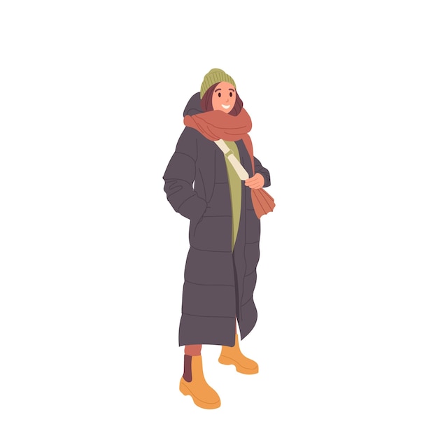 Hermosa mujer adolescente con chaqueta larga y cálida, gorro de punto y bufanda con bolso posando aislado en fondo blanco Belleza femenina y moda para la temporada fría ilustración vectorial