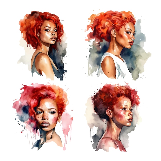 Vector hermosa mujer africana con colección de pintura de acuarela de pelo rojo