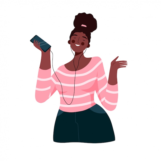 Hermosa mujer africana escuchando música y bailando, chica disfrutando de la música con auriculares y teléfono inteligente vector de dibujos animados plana