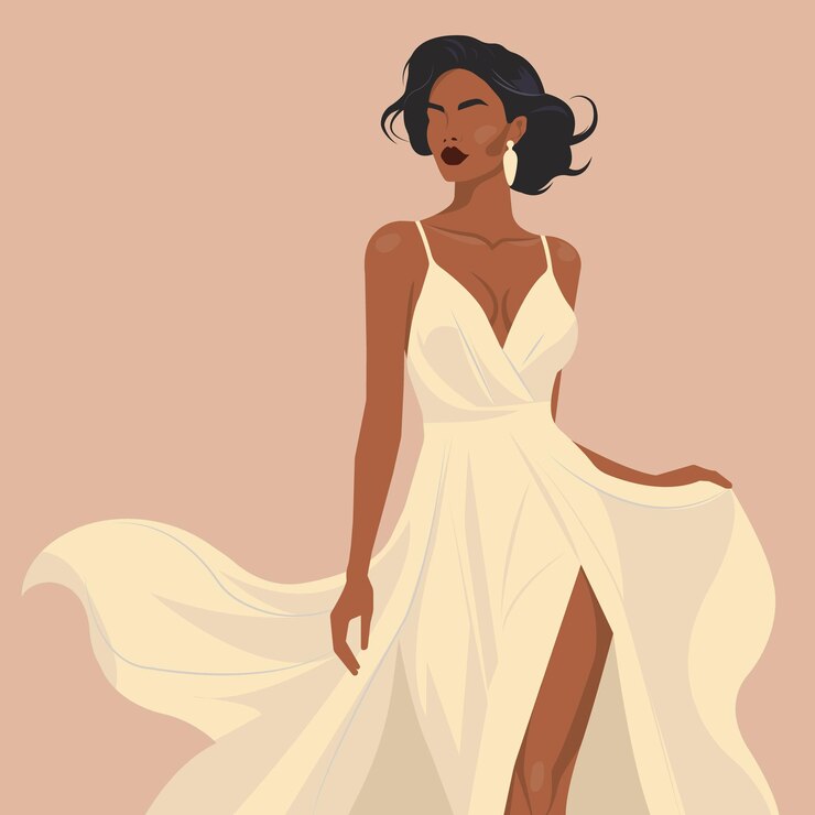 Vector hermosa mujer africana de piel oscura en un elegante vestido fluido con una hendidura en la pierna