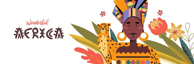 Hermosa mujer africana en turbante tradicional colorido y guepardo ilustración vectorial