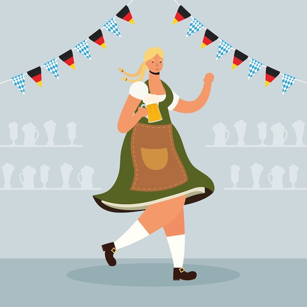 Hermosa mujer alemana bebiendo cerveza y guirnaldas de caracteres, diseño de ilustraciones vectoriales