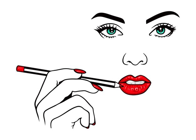Hermosa mujer aplicando lápiz labial Labios rojos lápiz Ilustración de vector de belleza