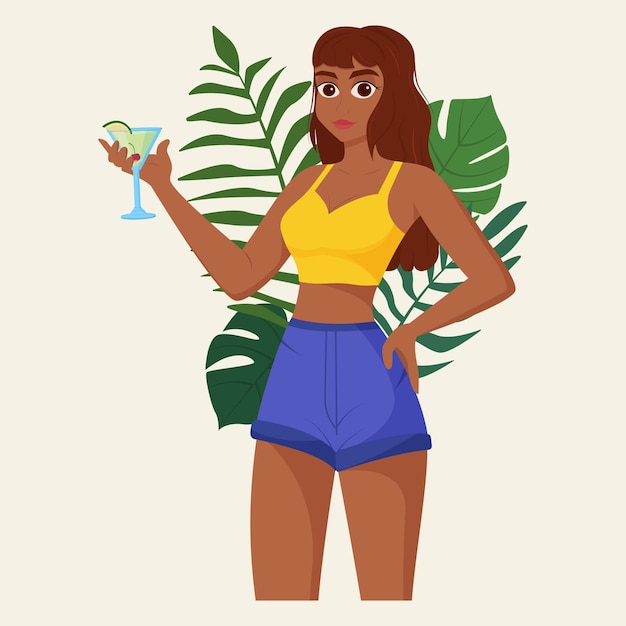 Vector hermosa mujer bebe refrescante cóctel plantas tropicales exóticas concepto de bebida de verano