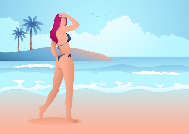 Hermosa mujer en bikini azul posando en la playa