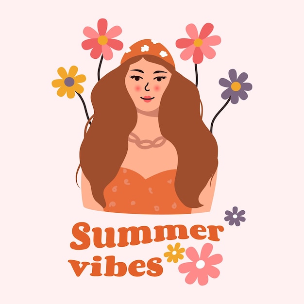 Hermosa mujer con cabello castaño sobre un fondo de flores y vibraciones de verano texto concepto vectorial