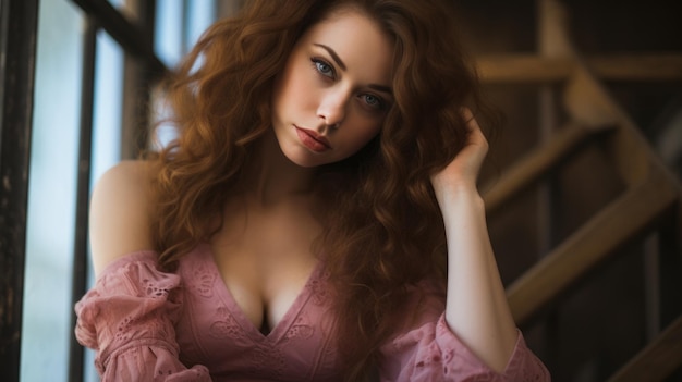 una hermosa mujer de cabello rojo posando frente a una ventana