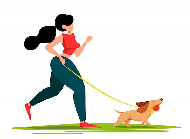 Vector hermosa mujer camina con su perro