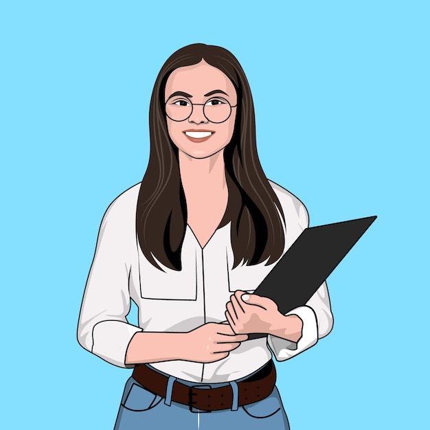 Hermosa mujer en camisa blanca con vidrio con ilustración de vector de dibujos animados portapapeles
