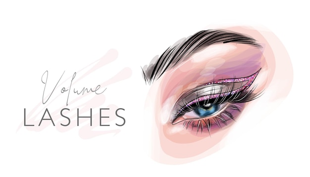 Hermosa mujer cara maquillaje vector moda ilustración. Bosquejo de arte de línea dibujada a mano