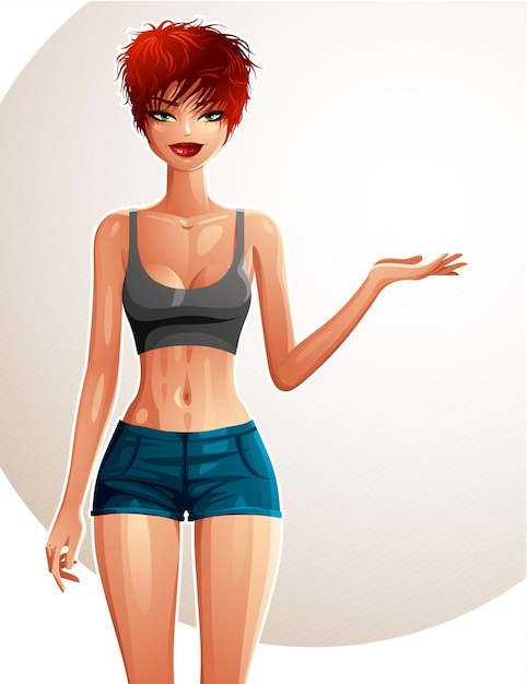 Hermosa mujer caucásica mostrando algo con la mano, espacio de copia vacío. Retrato de cuerpo entero de una linda chica delgada con peinado moderno. Estilo de vida saludable e ilustración del tema deportivo.