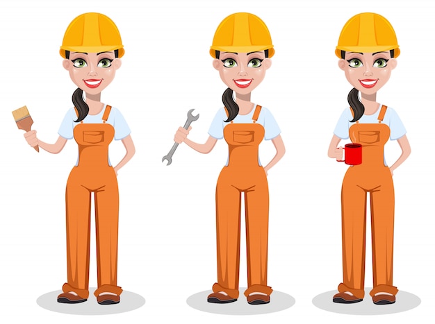 Hermosa mujer constructor en uniforme