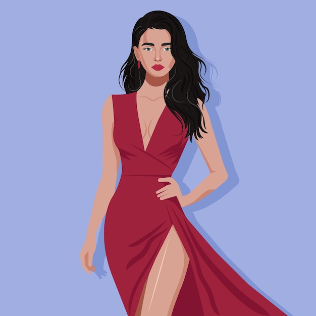 Una hermosa mujer en un elegante vestido de borgoña con una hendidura en la pierna y un vector de tren que fluye