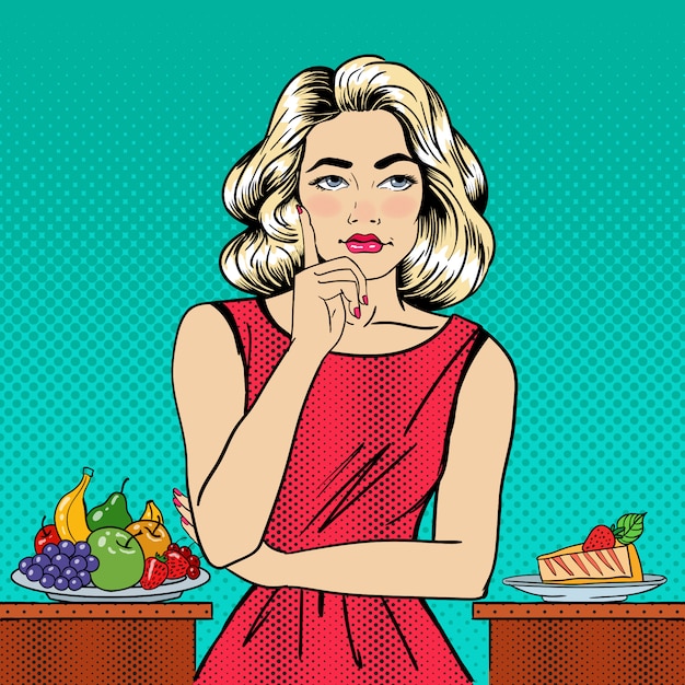 Hermosa mujer elegir comida entre frutas y tarta de queso. Arte pop.