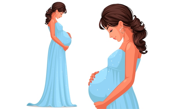 Vector hermosa mujer embarazada con vestido largo azul cielo sosteniendo su vientre