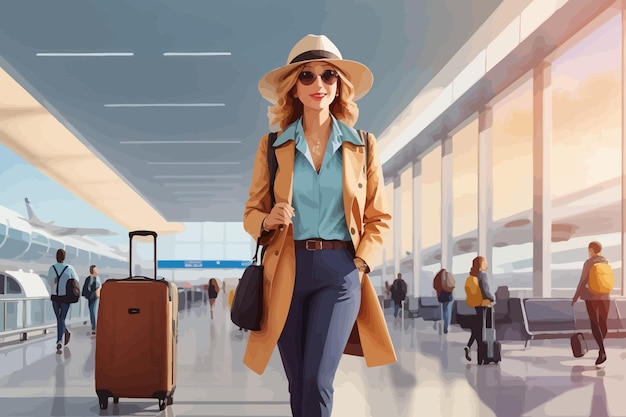 Vector hermosa mujer con equipaje en la ilustración de la terminal del aeropuerto