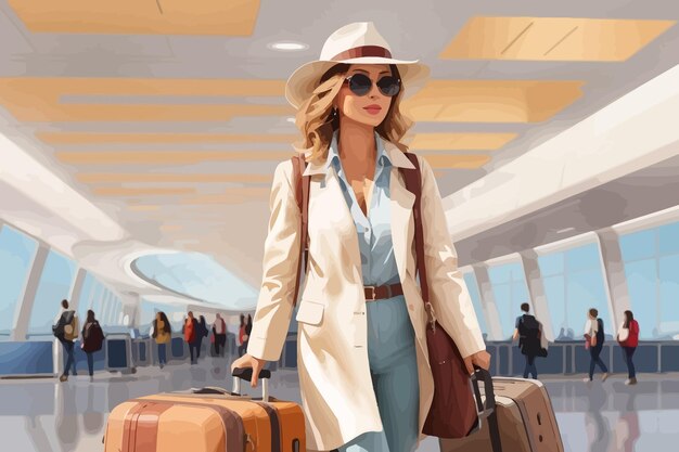 hermosa mujer con equipaje en la ilustración de la terminal del aeropuerto