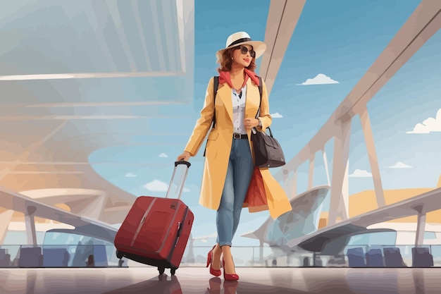 hermosa mujer con equipaje en la ilustración de la terminal del aeropuerto