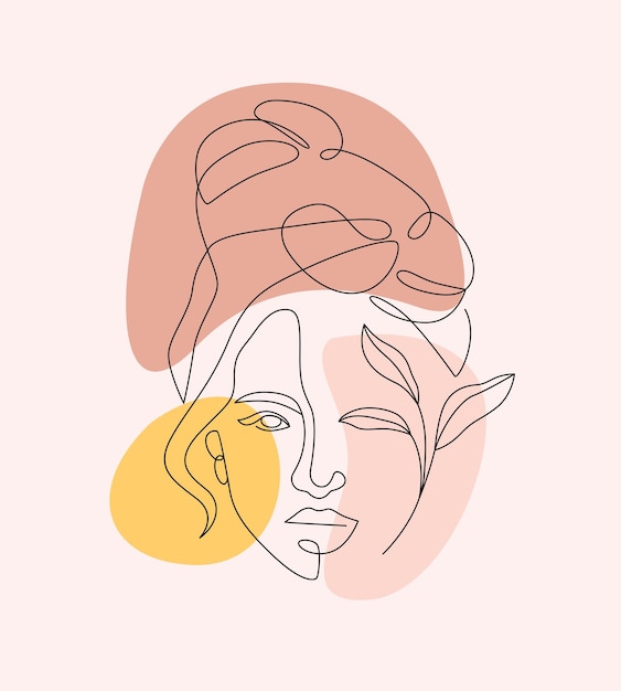 Vector hermosa mujer y flores en estilo de arte lineal