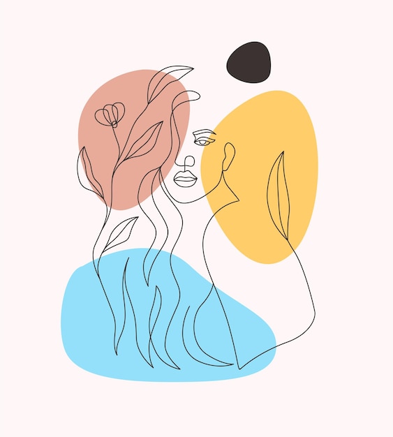 Hermosa mujer y flores mínimamente dibujadas en estilo de arte de línea a