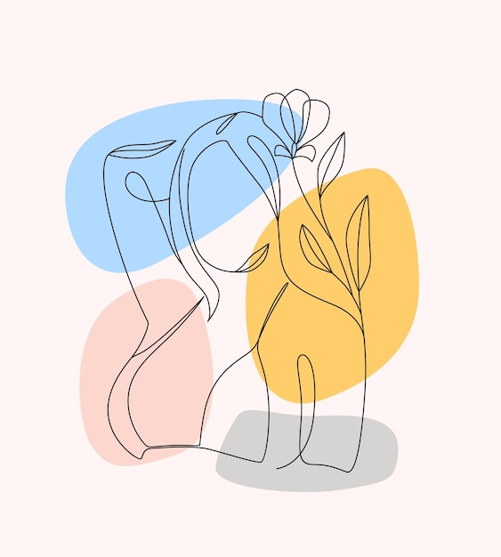 Hermosa mujer y flores mínimamente dibujadas en estilo de arte de línea a