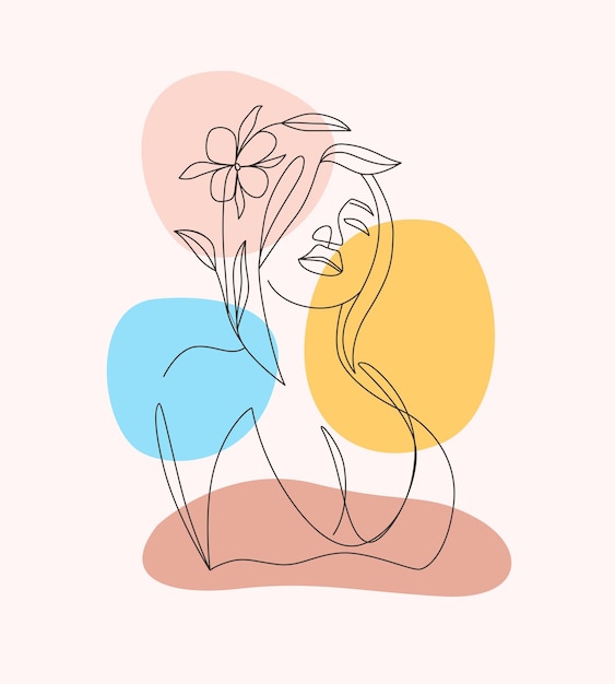 Hermosa mujer y flores mínimamente dibujadas en estilo de arte de línea a