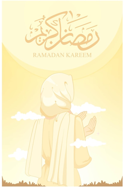 Hermosa mujer hijab musulmana rezando en la pancarta de ilustración de ramadán