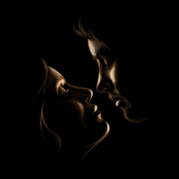 Vector hermosa mujer y hombre besándose. pareja romántica enamorada. siluetas doradas sobre fondo negro. ilustración