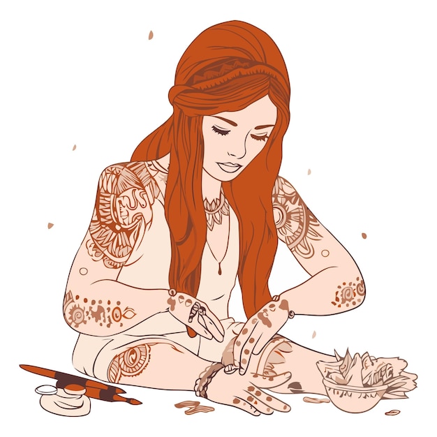 Vector una hermosa mujer india haciendo un tatuaje de henna.